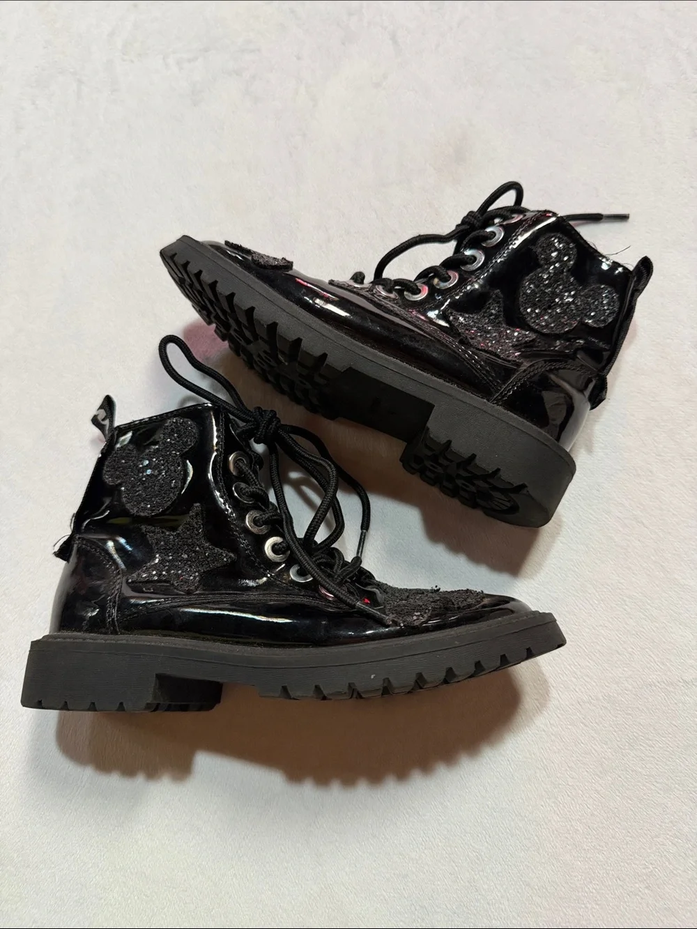 Zara Kids Disney Mickey Mouse Black Patent Combat Boots with Glitter Appliqué